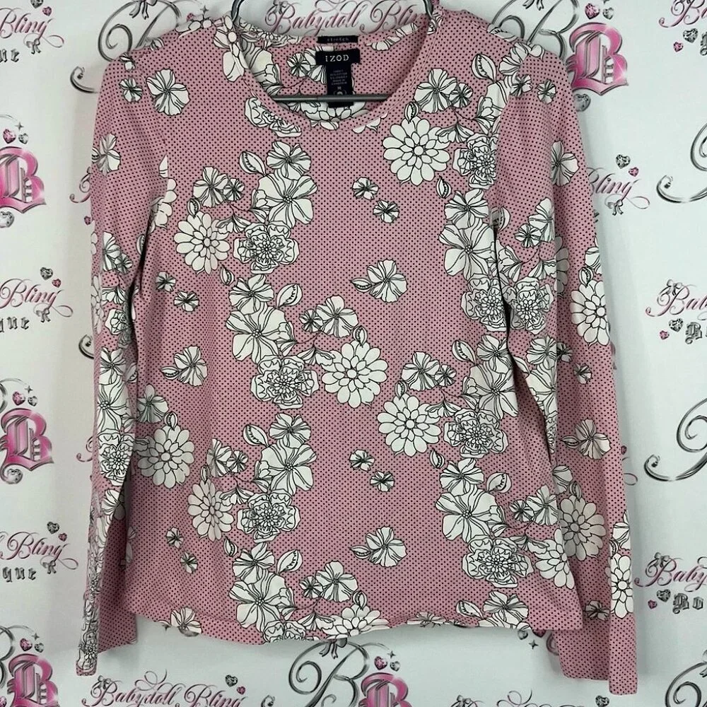 Izod long sleeve lace look flowers white black Pink Floral Sweatshirt